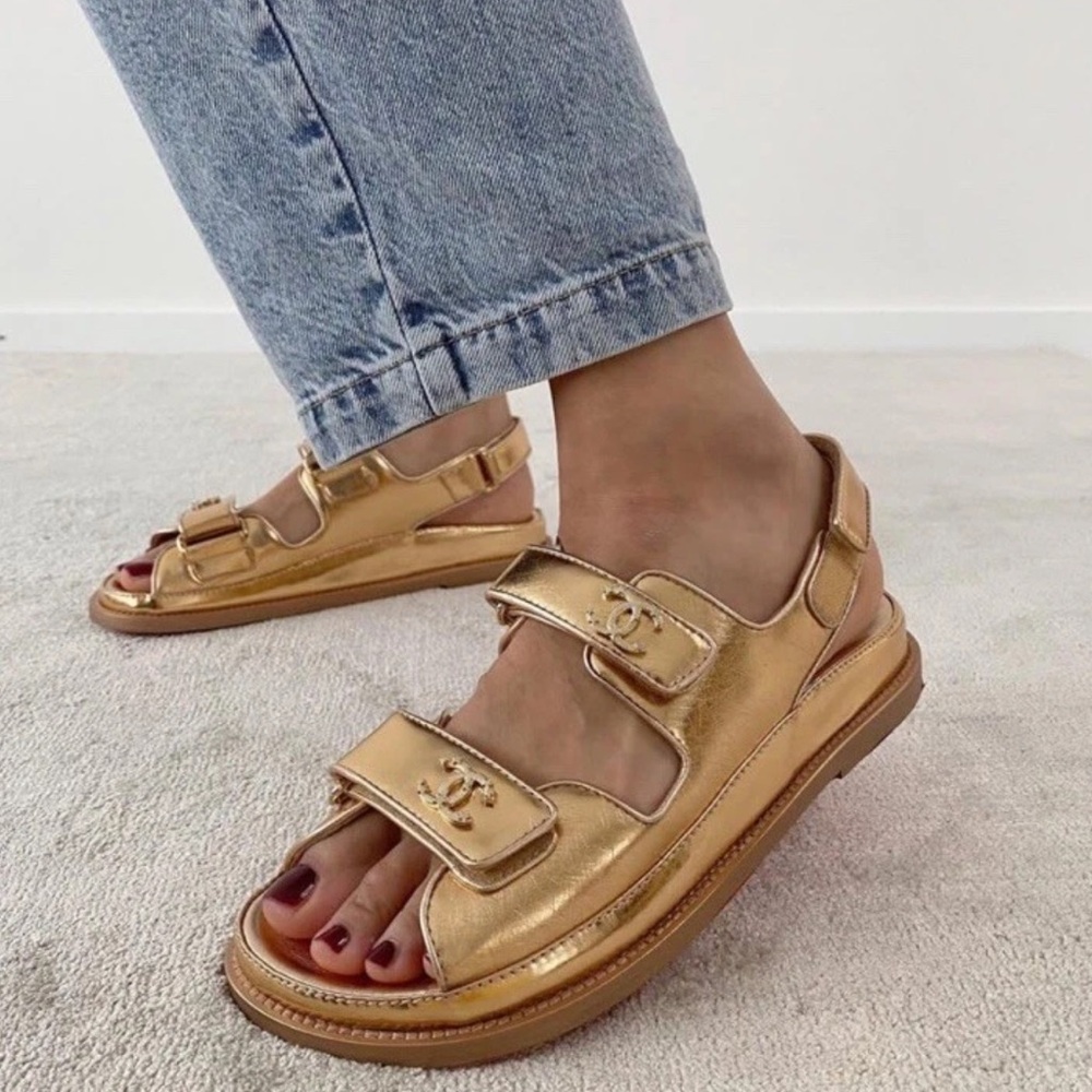 CHANEL Dad Sandals Gold laminated leather CC logo size 39.5